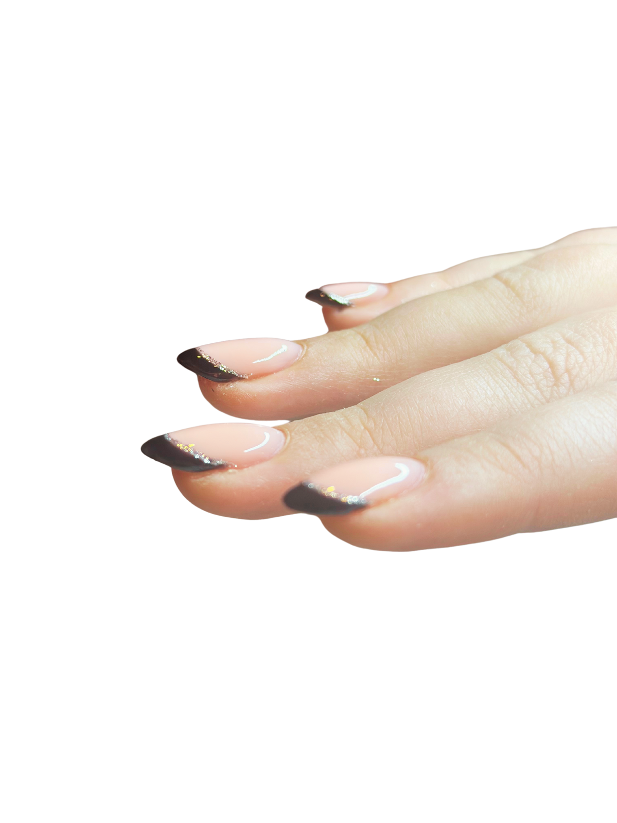 Nude French tip manicure with glitter accent